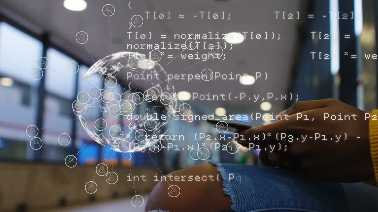 Animation of data processing over african american woman using smartphone