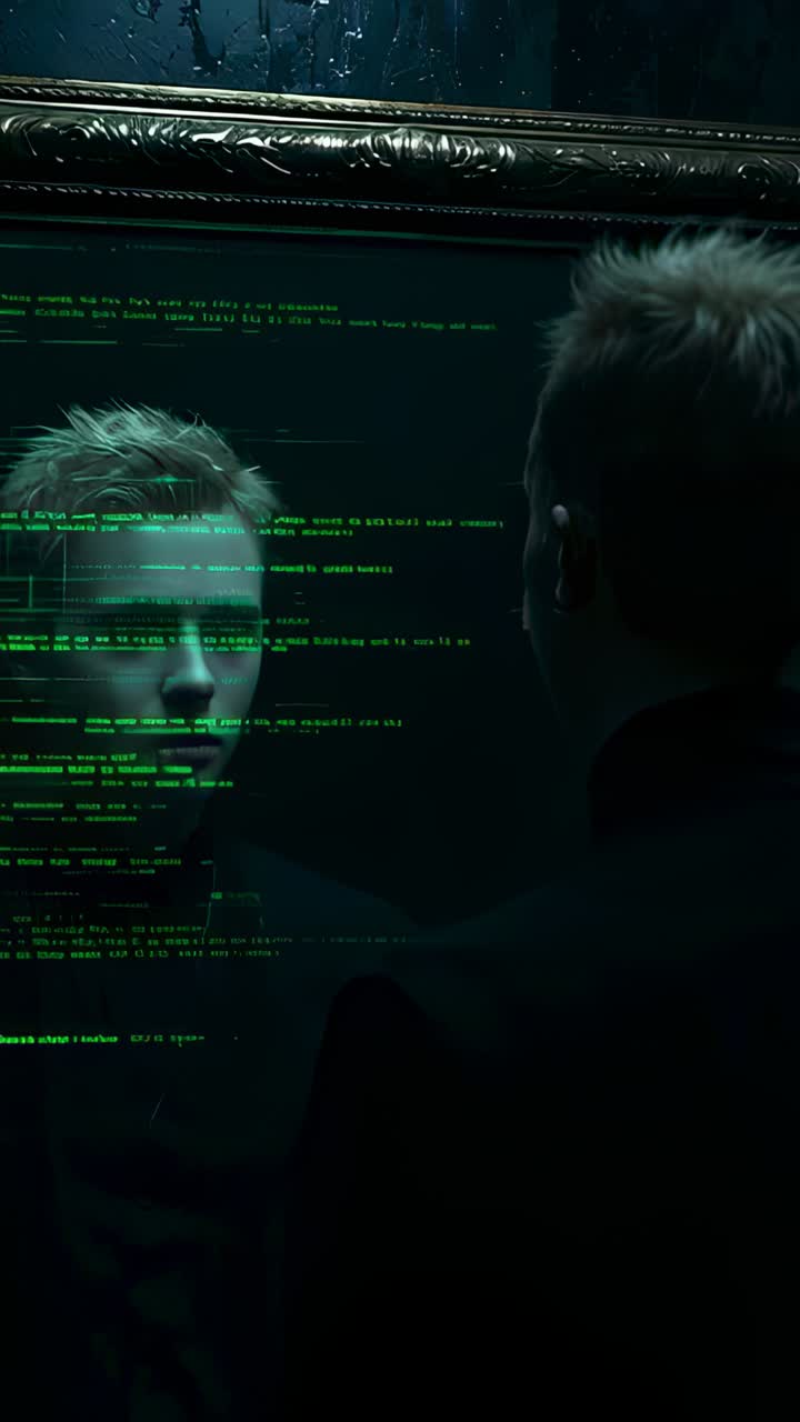 Vertical video: Looking man in coat starting mirror forming into green code and scans in dim room