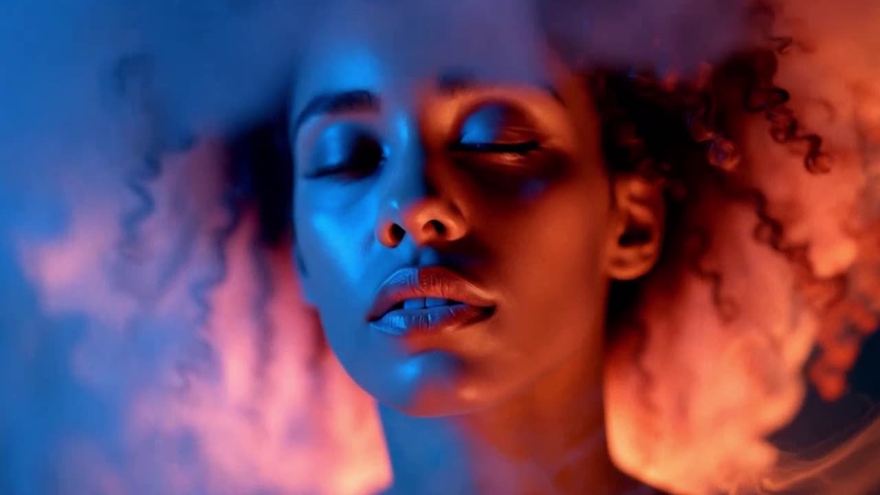 Woman's Portrait in Blue and Orange Light with Smoke
