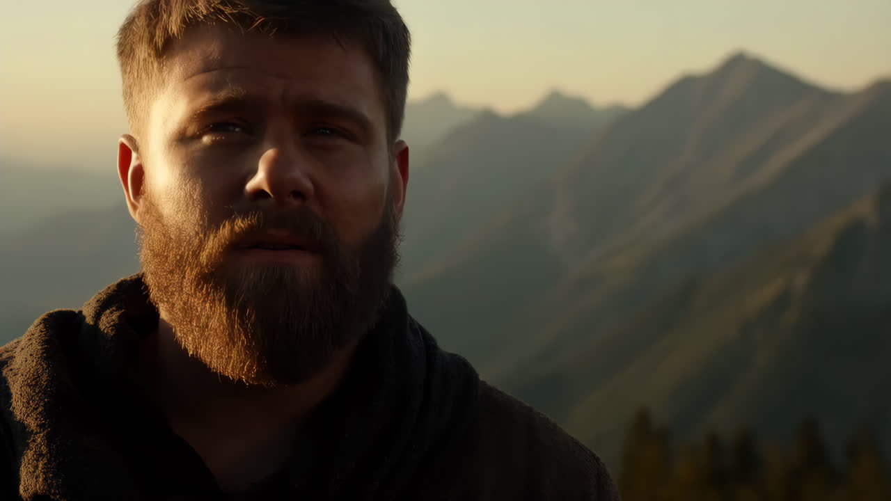 Portrait of a Bearded Man in a Mountain Landscape at Golden Hour