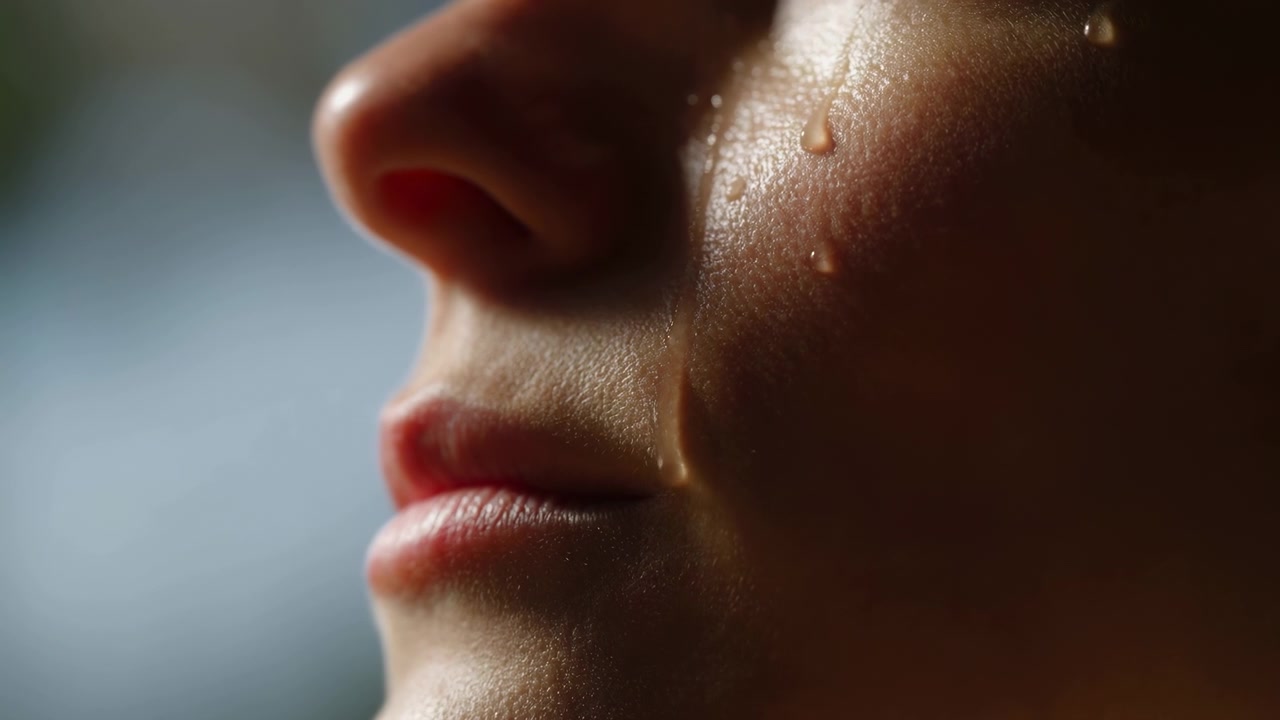 Extreme side profile of lower face with clear tear droplets flowing down cheek, thin moisture streaks, soft highlights, natural skin detail, and quiet emotional mood in close view, with tear, droplet
