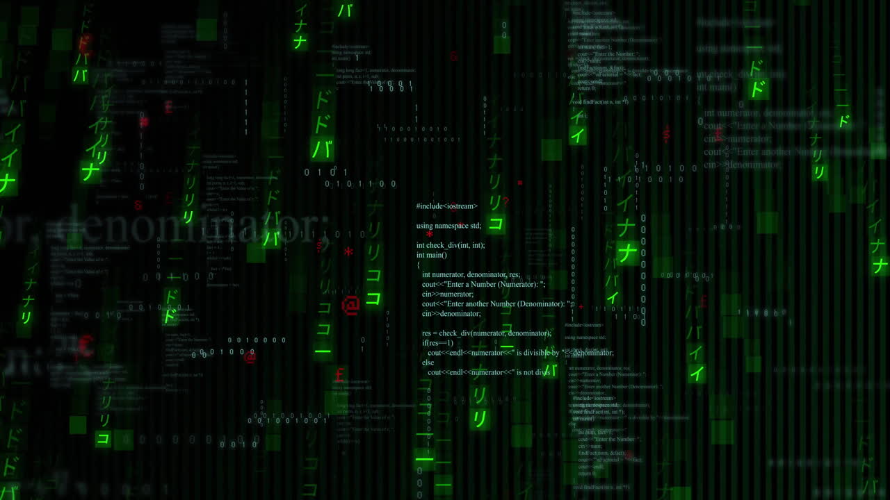 Animation of green digital code and symbols cascading over black background