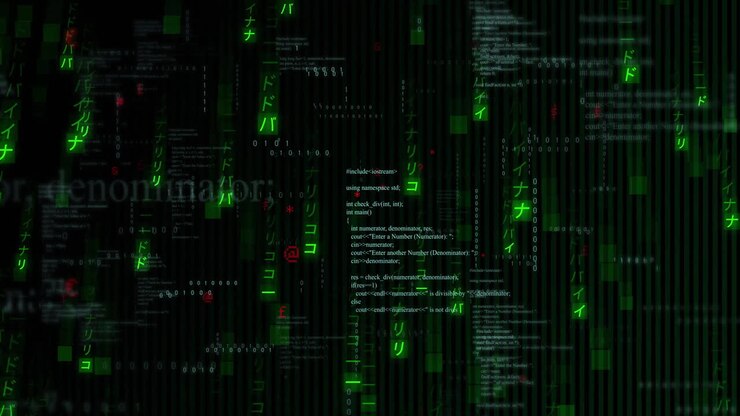 Animation of green digital code and symbols cascading over black background
