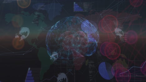 animation of rotating brain with connections over world map and diverse data