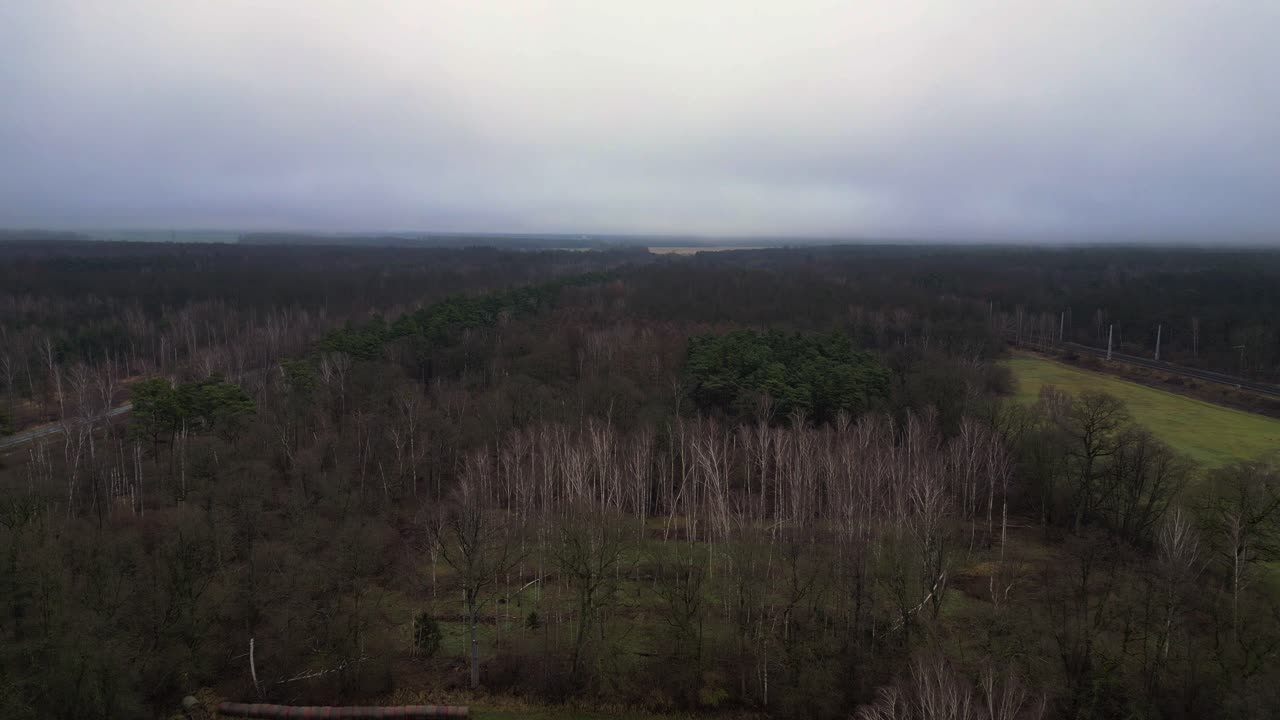구름이 가득한 하늘 아래 큰 숲을 가로지르는 철도의 공중 풍경, 기분이 좋고 대기 풍경을 만니다. 완벽한 공중 전망 비행 파노라마 개요 드론