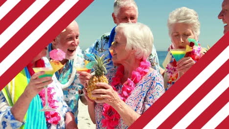 Animation-of-flag-of-usa-over-diverse-senior-friends-on-beach-in-summer