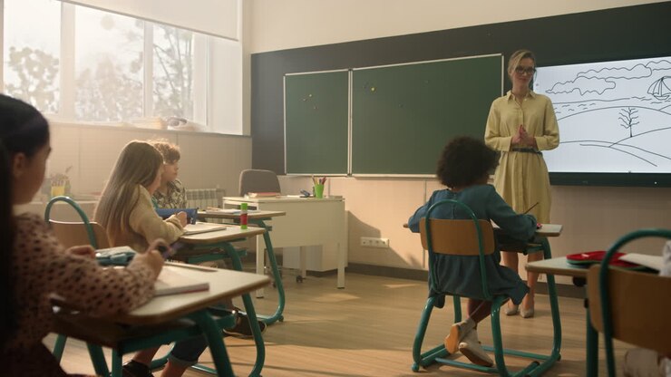 Skolebørn sidder ved pultene i klasseværelset. Skolelæreren underviser eleverne
