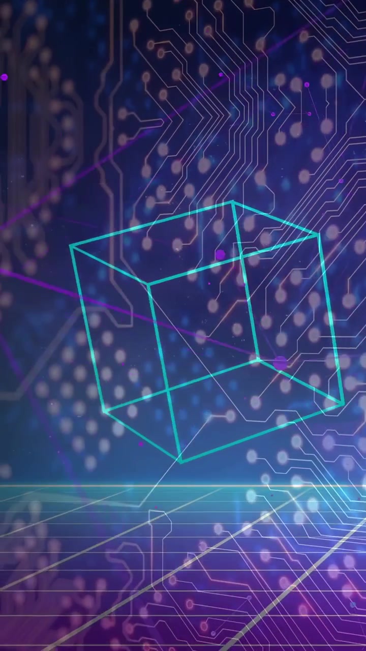 Vertical video: On load, cyan wireframe cube appearing, rotating and drifting over neon grid