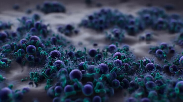 Vista microscopica di batteri o organismi cellulari