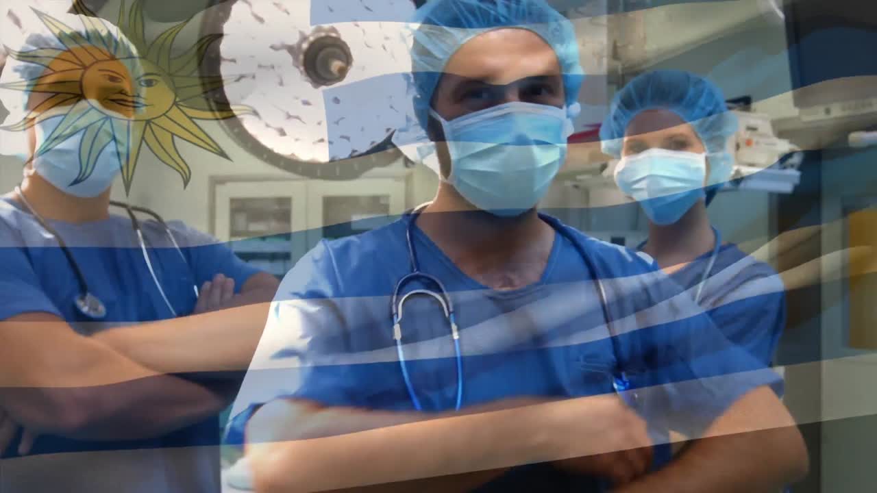 animación de la bandera de uruguay ondeando sobre los cirujanos en la sala de operaciones