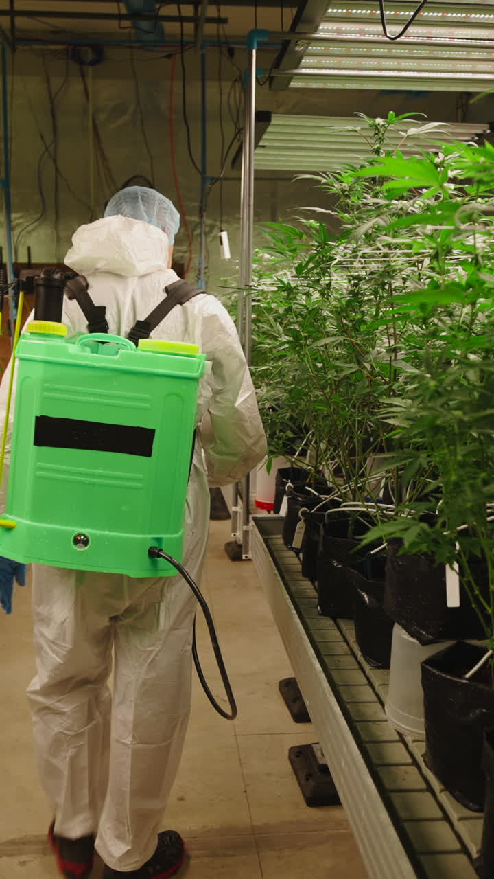 Operaio con tuta protettiva spruzza piante di cannabis in una grow room interna