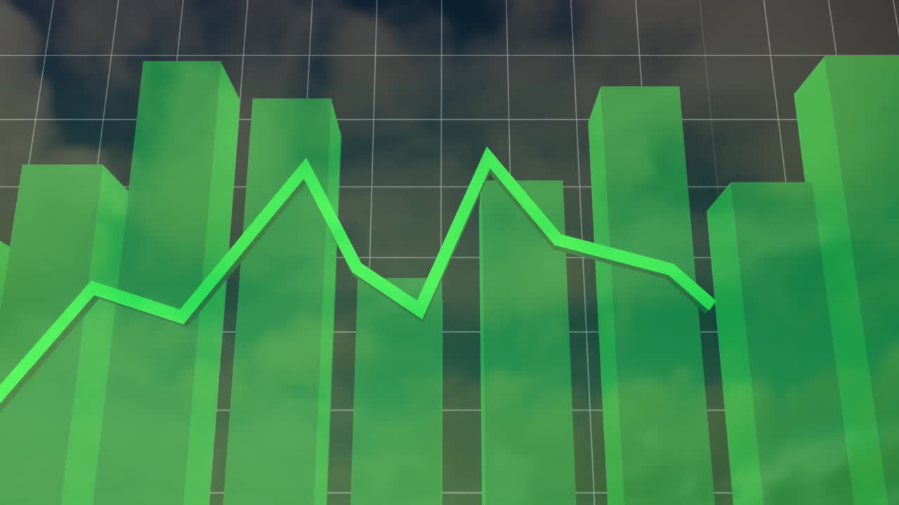 Animation of green bar graph with fluctuating line chart against cloudy sky