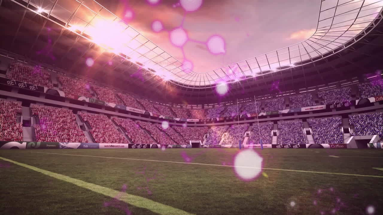 Cheering crowd in stadium under bright lights with colorful animation effects