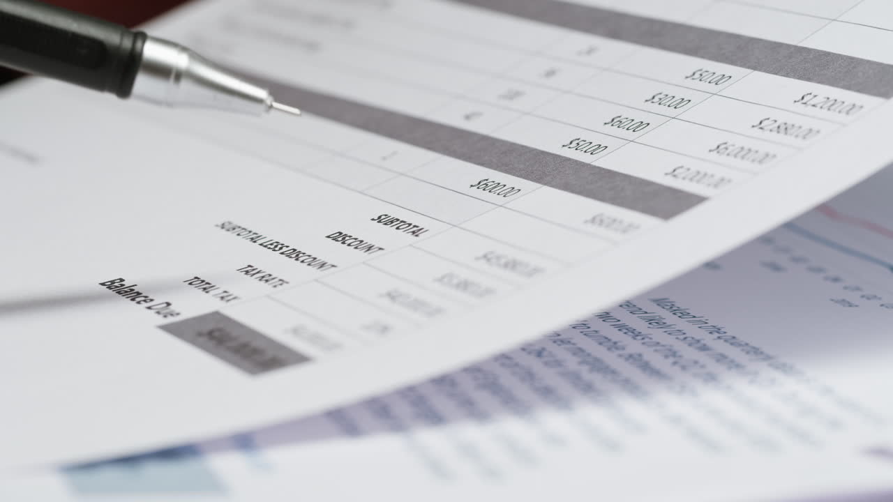 Close-up of a Pen Pointing at Numbers on a Financial Document