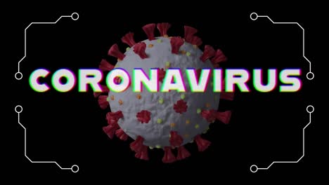 animación de una pancarta de texto de coronavirus sobre una célula de covid-19 girando contra un fondo negro.