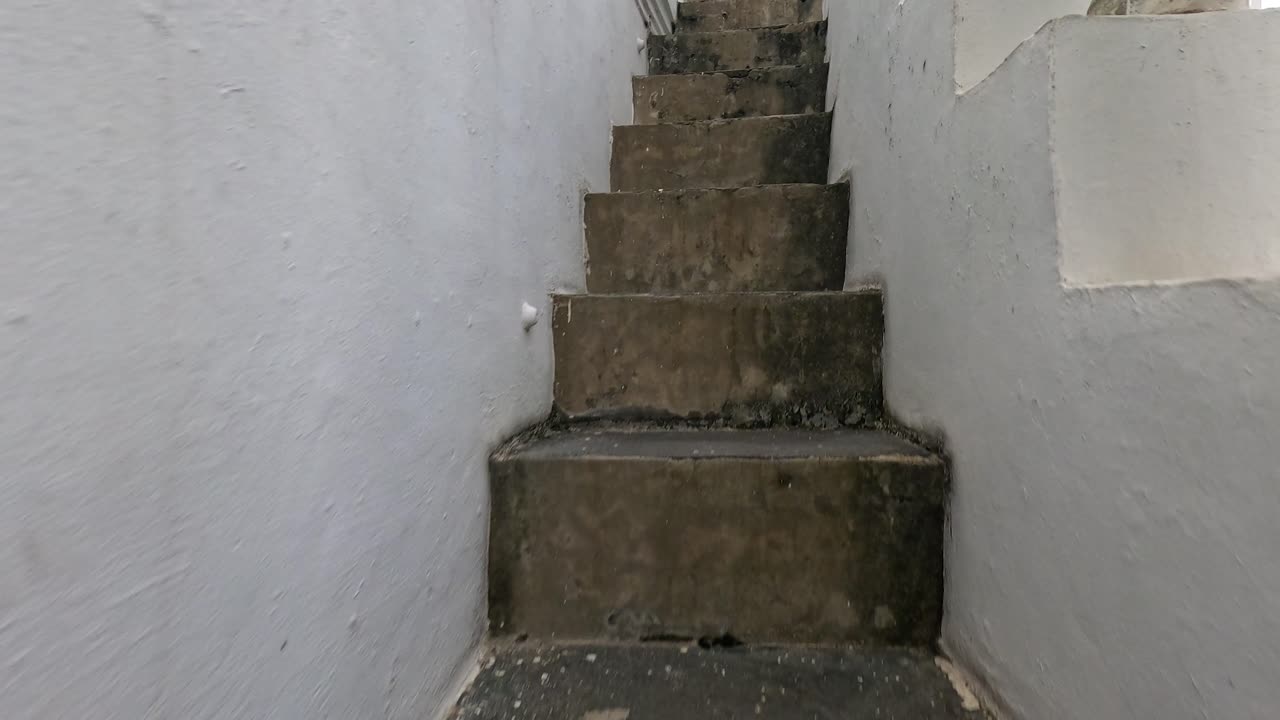 A journey up narrow stone steps leading to a temple rooftop, showcasing traditional Thai architecture under natural daylight