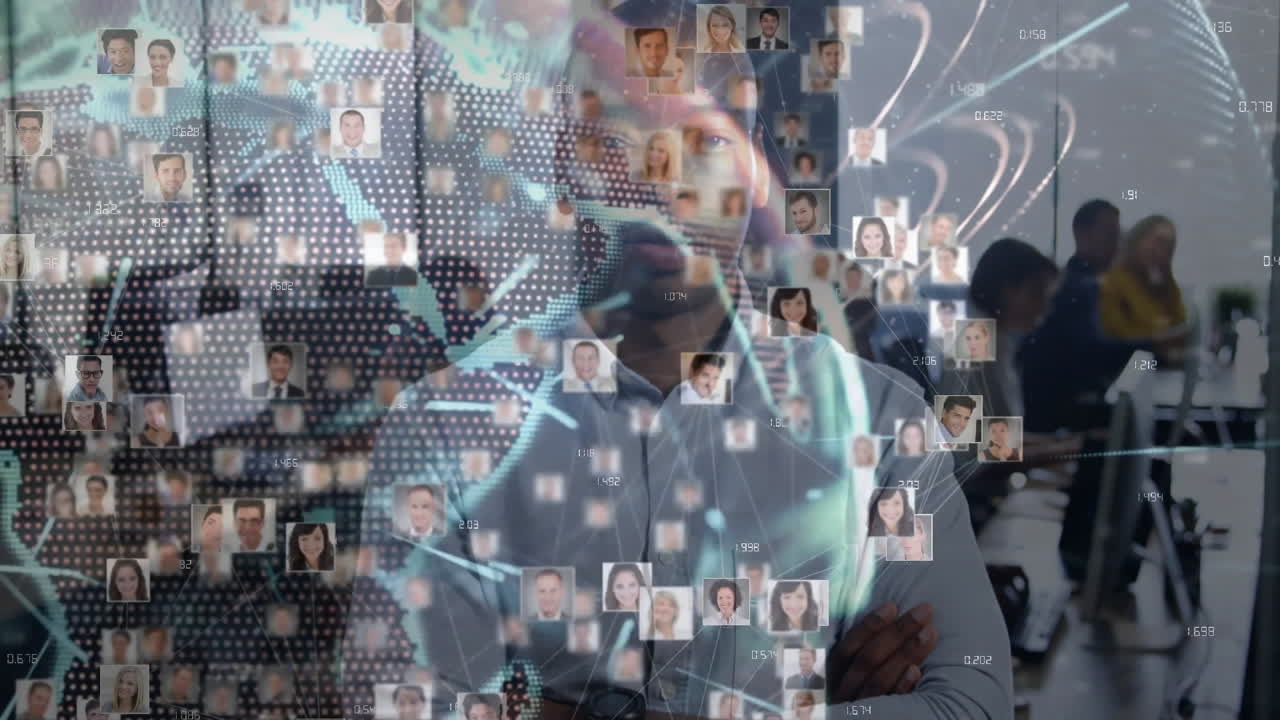 Male professional standing in office, showcasing business network, floating icons and numeric data