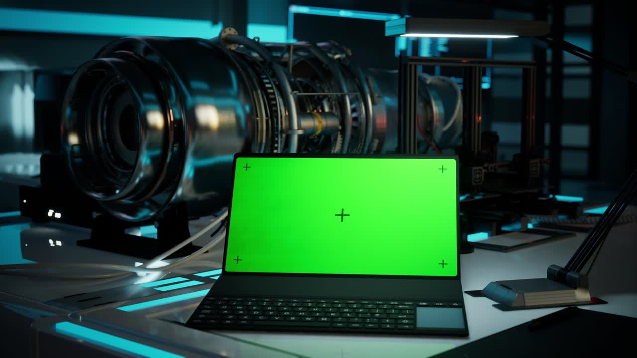 Chroma Key On Laptop Display With Generated Engineering Turbine In Lab. Aircraft Engine Animation