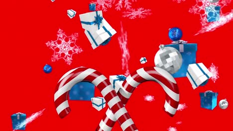 Animation-Von-Zuckerstangen,-Weihnachtskugeln,-Geschenken-Und-Schnee,-Der-Auf-Roten-Hintergrund-Fällt