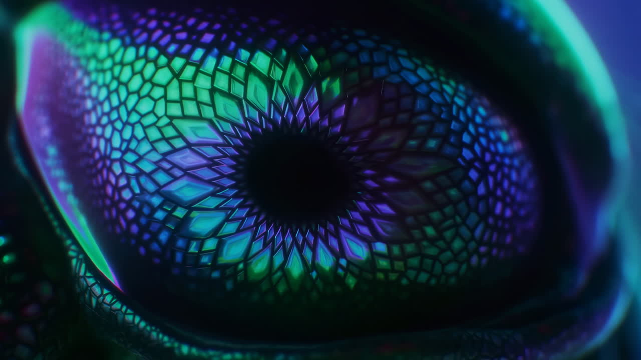 Iridescent Compound Eye Macro Showcasing Mosaic Scales, Vivid Purple And Green Highlights, Studiolit Shallow