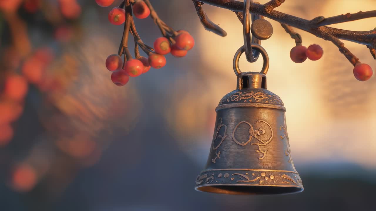 Ornamental metal bell delicately hanging from branch with vibrant red berries, gently swaying in golden sunset light, creating serene and peaceful atmospheric moment