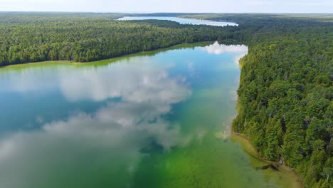 Una-Impresionante-Toma-Aérea-De-Las-Sedosas-Aguas-Verdes-Del-Lago-Con-Vastas-Millas-De-Frondosos-árboles-Verdes