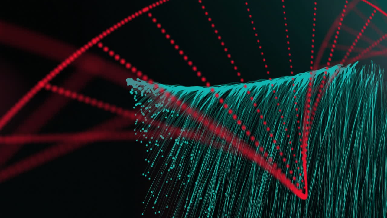 검은색 배경에 반이는 녹색 빛의 흔적 위에 회전하는 dna 가닥의 애니메이션