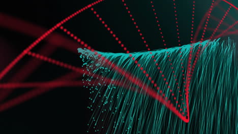 animation of dna strand spinning over glowing green light trails on black background