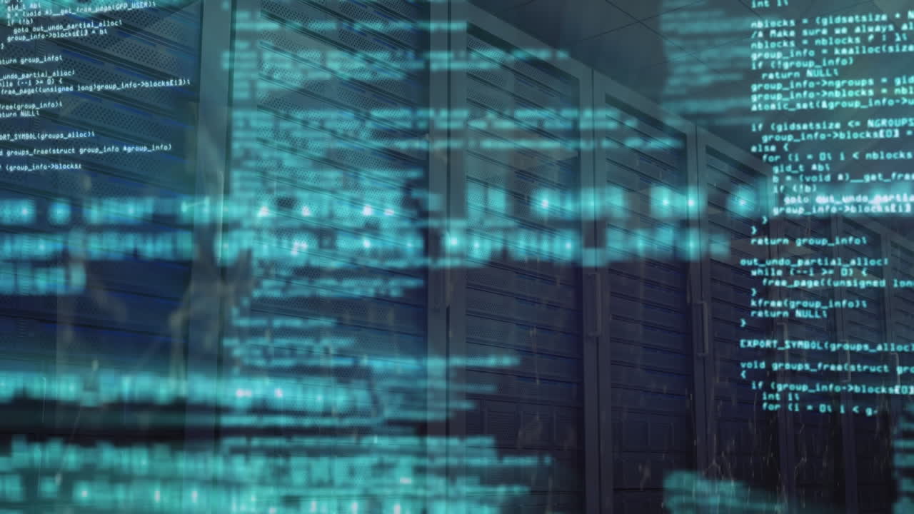 Animation of computer language over low angle view of server rack in server room