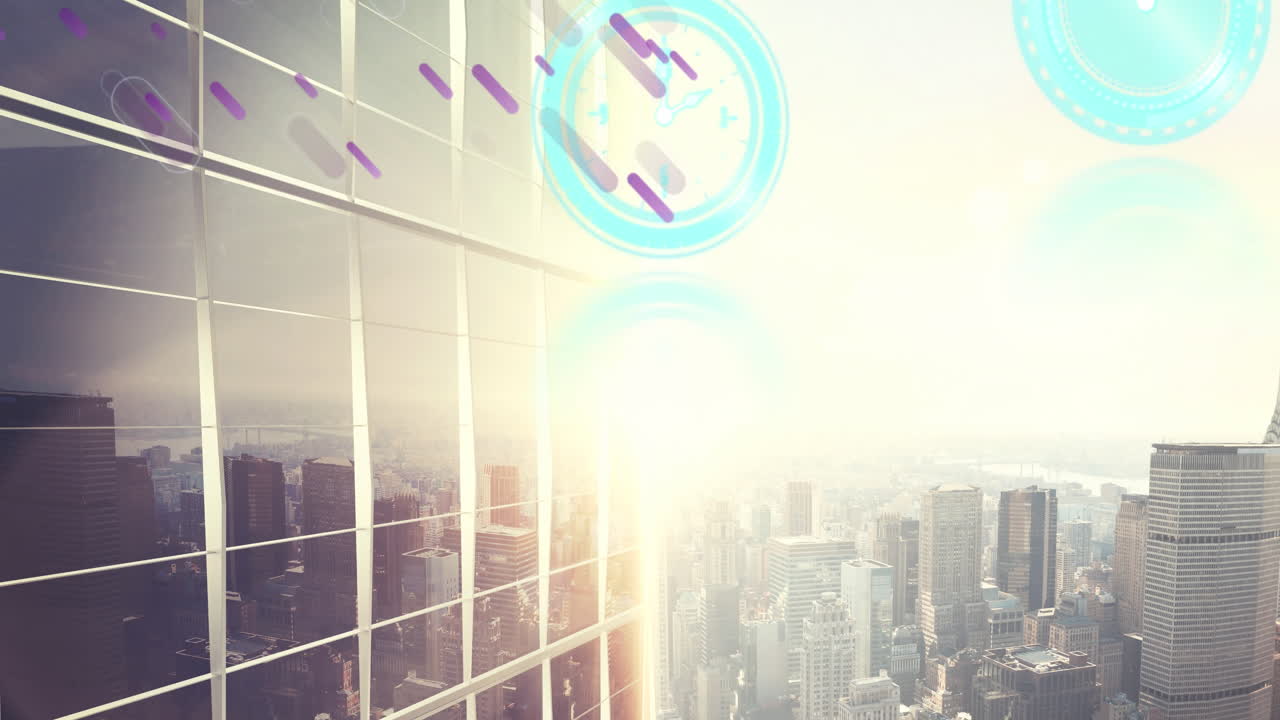 도시 풍경 위에 움직이는 시계와 보라색 선의 애니메이션