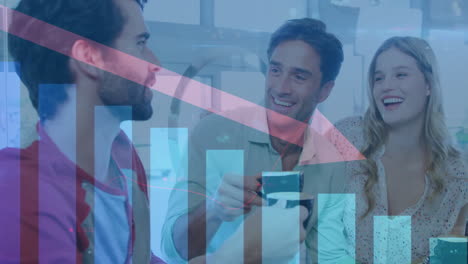 business people discussing over declining graph animation in office setting