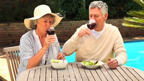 Pareja-Madura-Bebiendo-Vino-Tinto-En-El-Jardín