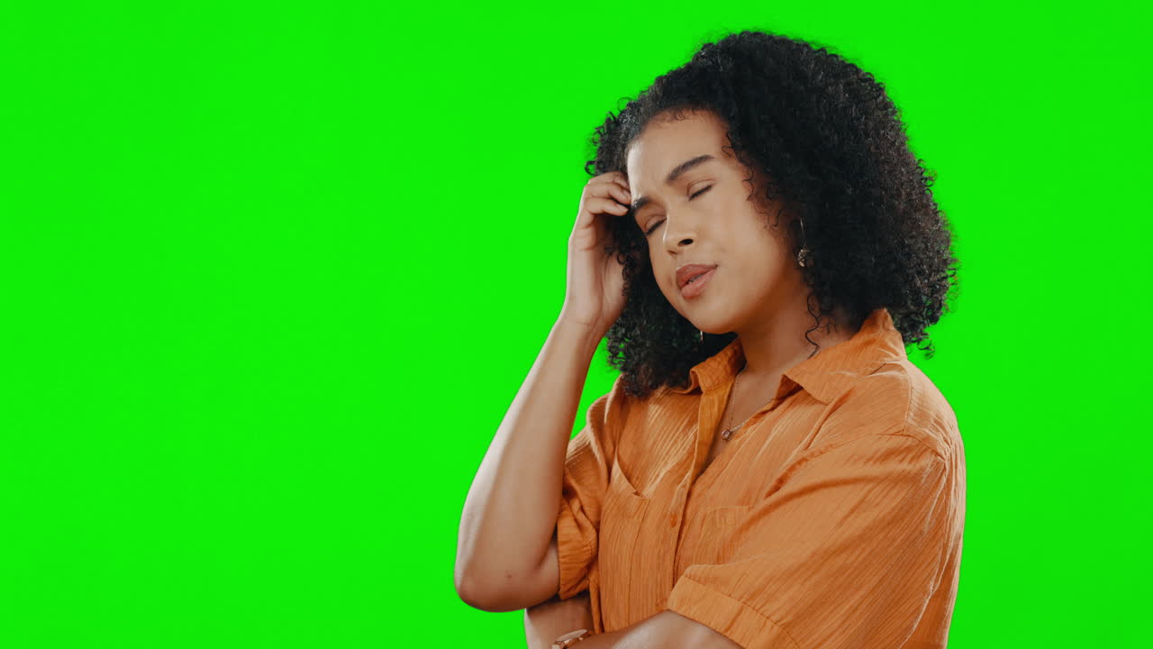 Confused, woman and thinking of ideas on green