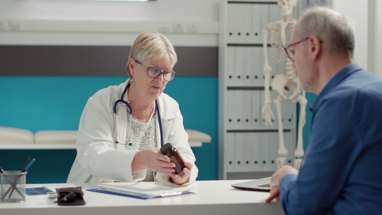 Health physician giving prescription medicine in bottle of pills