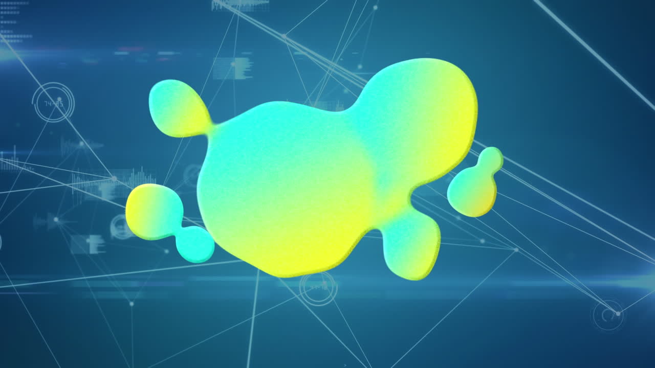 파란색 배경의 연결 네트워크 위에 반 ⁇ 이는 블롭의 애니메이션