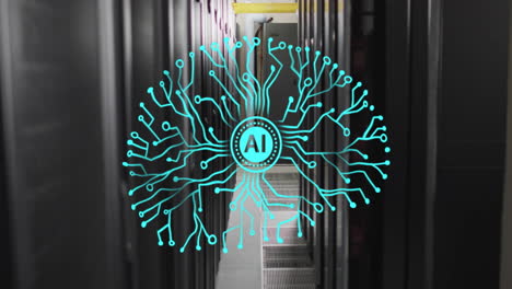 animación de escáner de ia circular y red cerebral de la placa base sobre la sala de servidores de computadoras