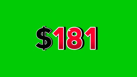 animation number $181 dollar sign motion graphics with smoke effect green screen background vibrant red numbers. video 3d effect with shadows for video elements business concept