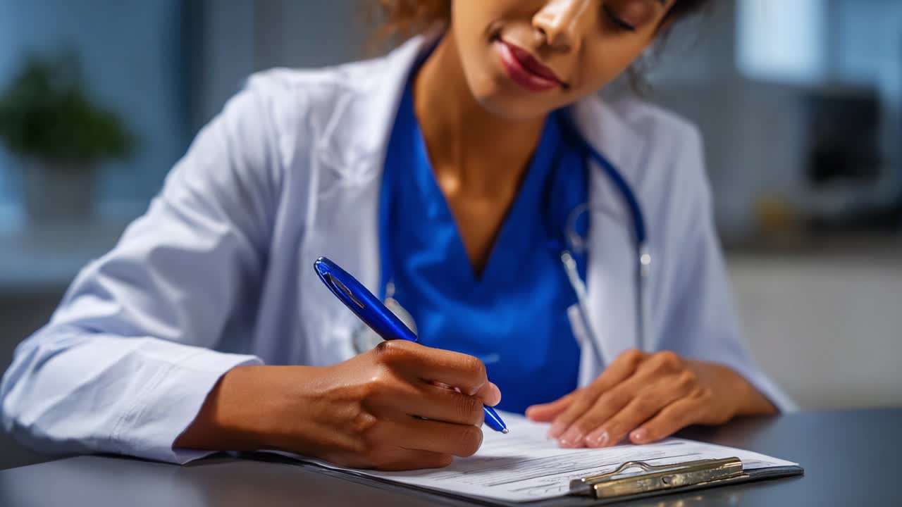 A Healthcare Professional Diligently Filling Out Patient Information on a Clipboard in a Bright, Modern Medical Office Environment, Highlighting the Importance of Accurate Medical Documentation
