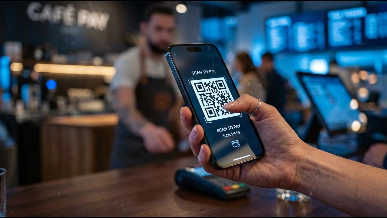 Cliente che effettua un pagamento contactless con codice QR dello smartphone in un bar
