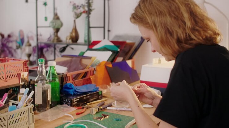 Woman crafting jewelry in her workspace