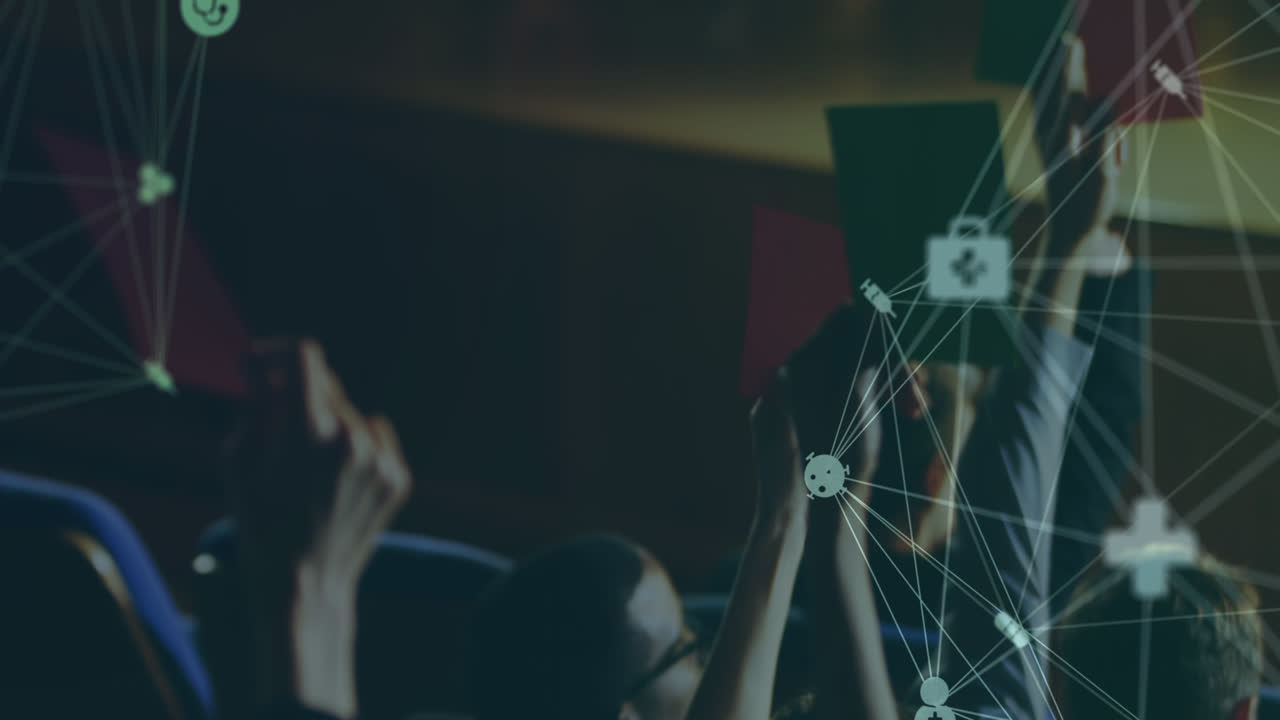 비즈니스 컨퍼런스에서 손을 들고 있는 사업가들 위에 디지털 아이콘의 지구상의 애니메이션