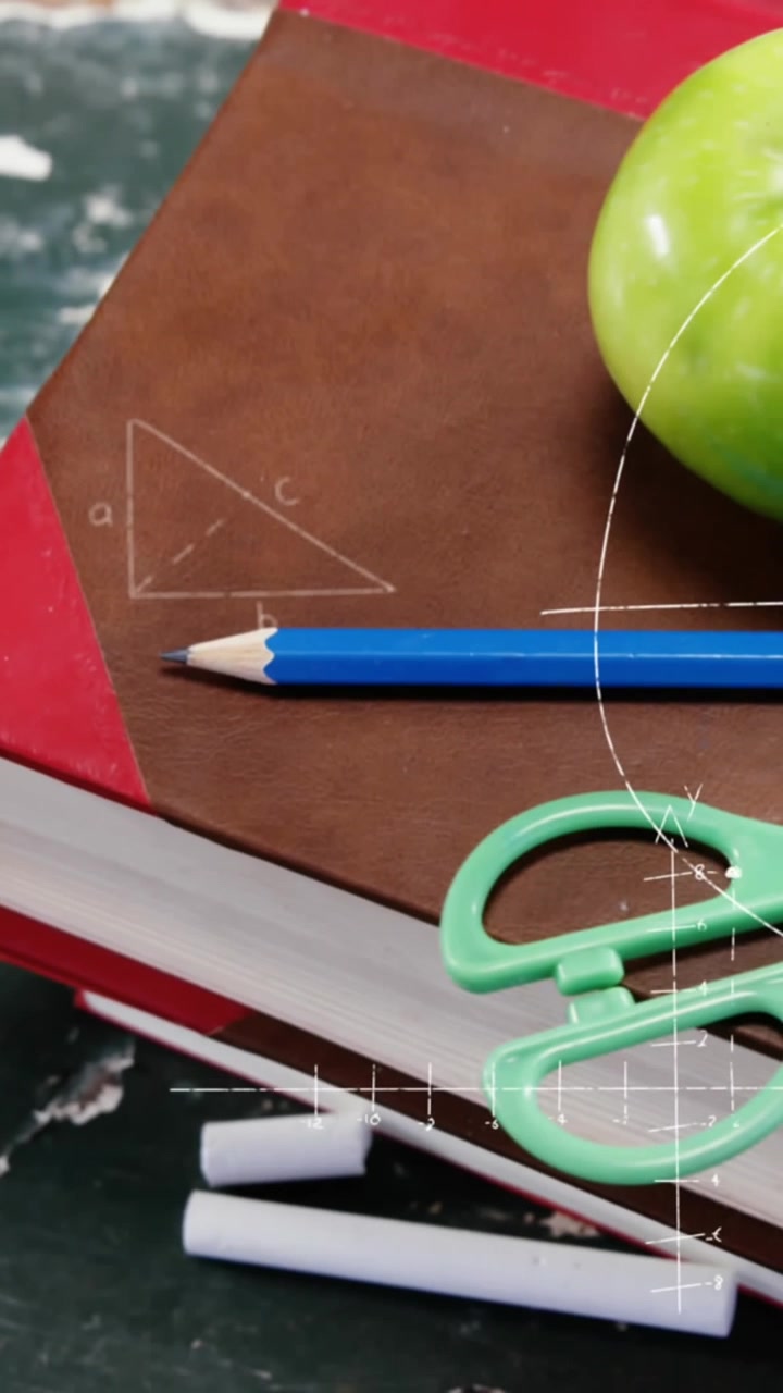 Animation of mathematical formulae over apple, school items and books