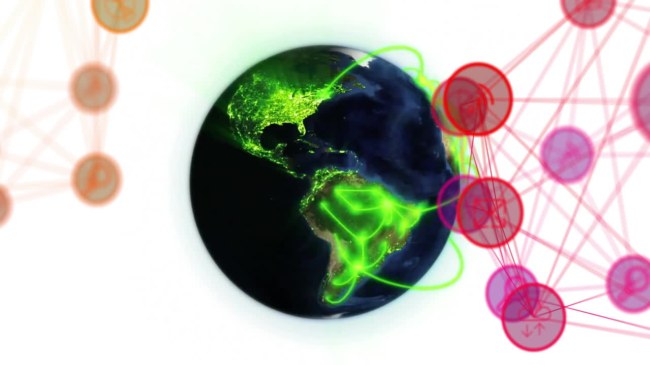 animación de la red de conexiones con iconos en todo el mundo