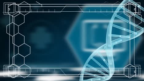 frame of molecule with a spinning dna in the background