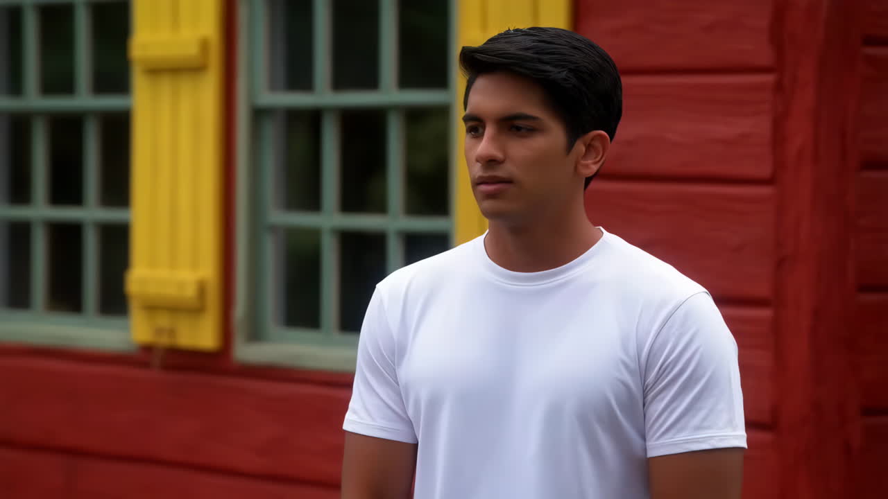 Young man in a white t-shirt in front of a red building