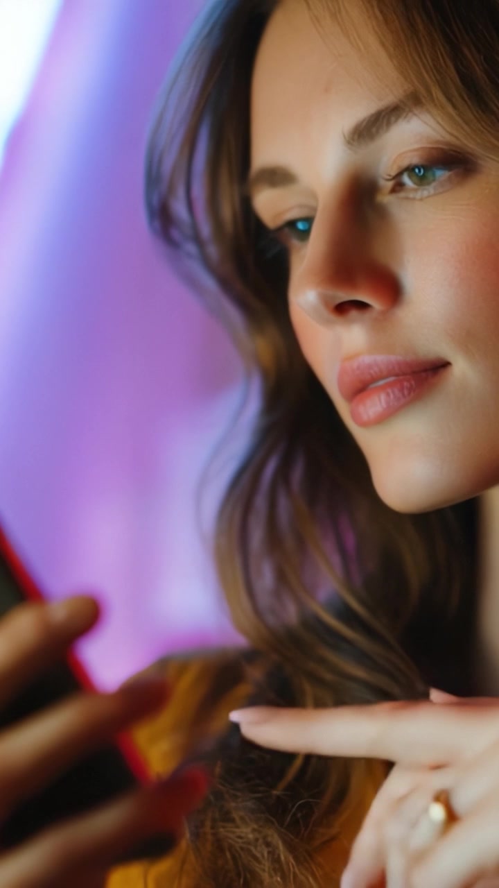 Captivating Woman Engaged with Smartphone in Ambient Light, Showcasing Modern Communication and Digital Interaction with Intense Focus and Interest