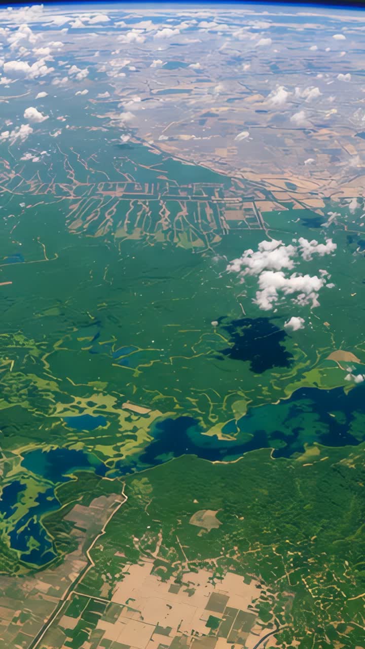 Vertical video: Opening aerial view panning over field grid and lakes, through curved window frame