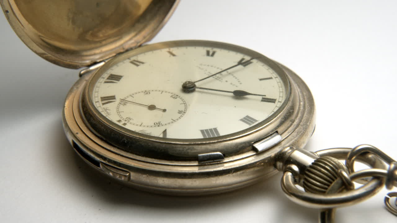 antiguo reloj de bolsillo haciendo tictac packshot cacerola lenta