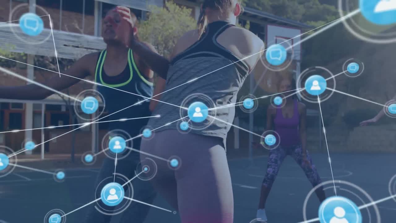 animación de redes de conexiones sobre jugadoras de baloncesto