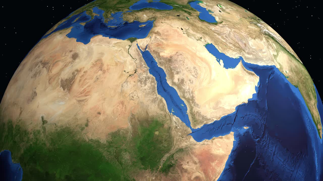 Dijital bir animasyon, uzay boşluğundan Port Sudan’a doğru zum yaparak coğrafi koordinatları ve konumu vurguluyor.
